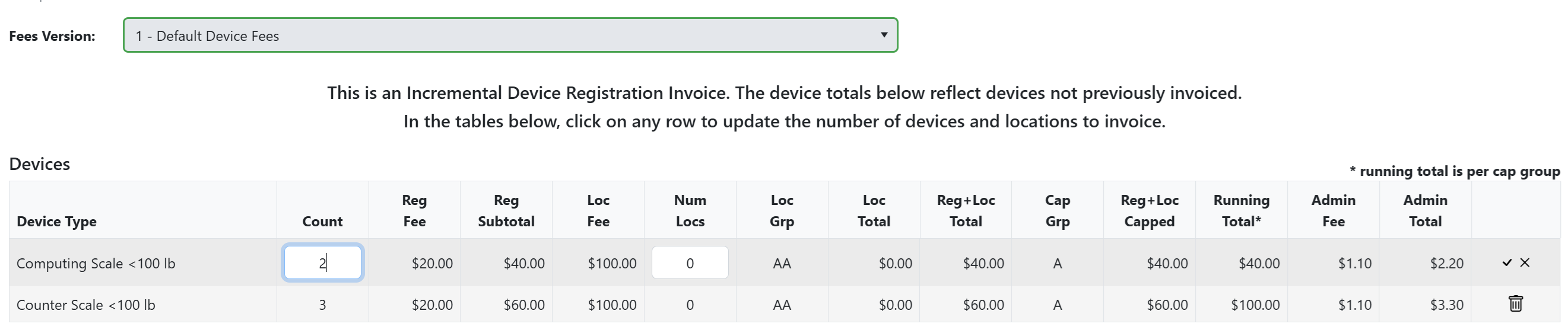 Screenshot of editable incremental invoice