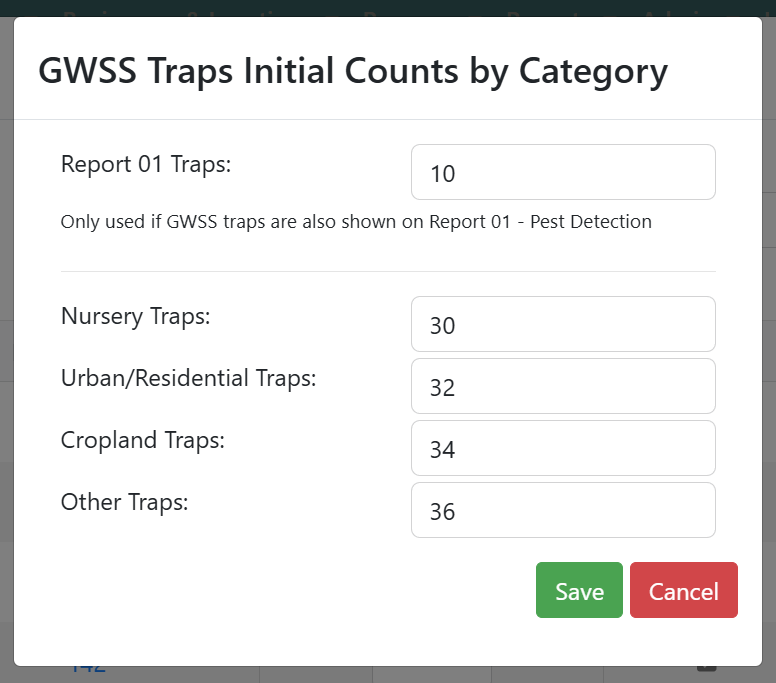 Screenshot of GWSS initial counts dialog