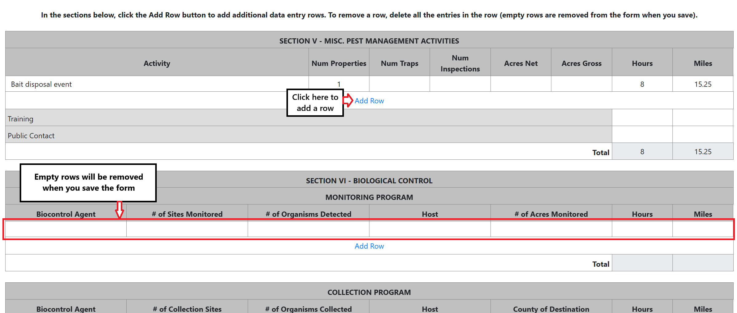 Screenshot of the new Report 03 data entry sections highlighting the Add Row button and an empty row.